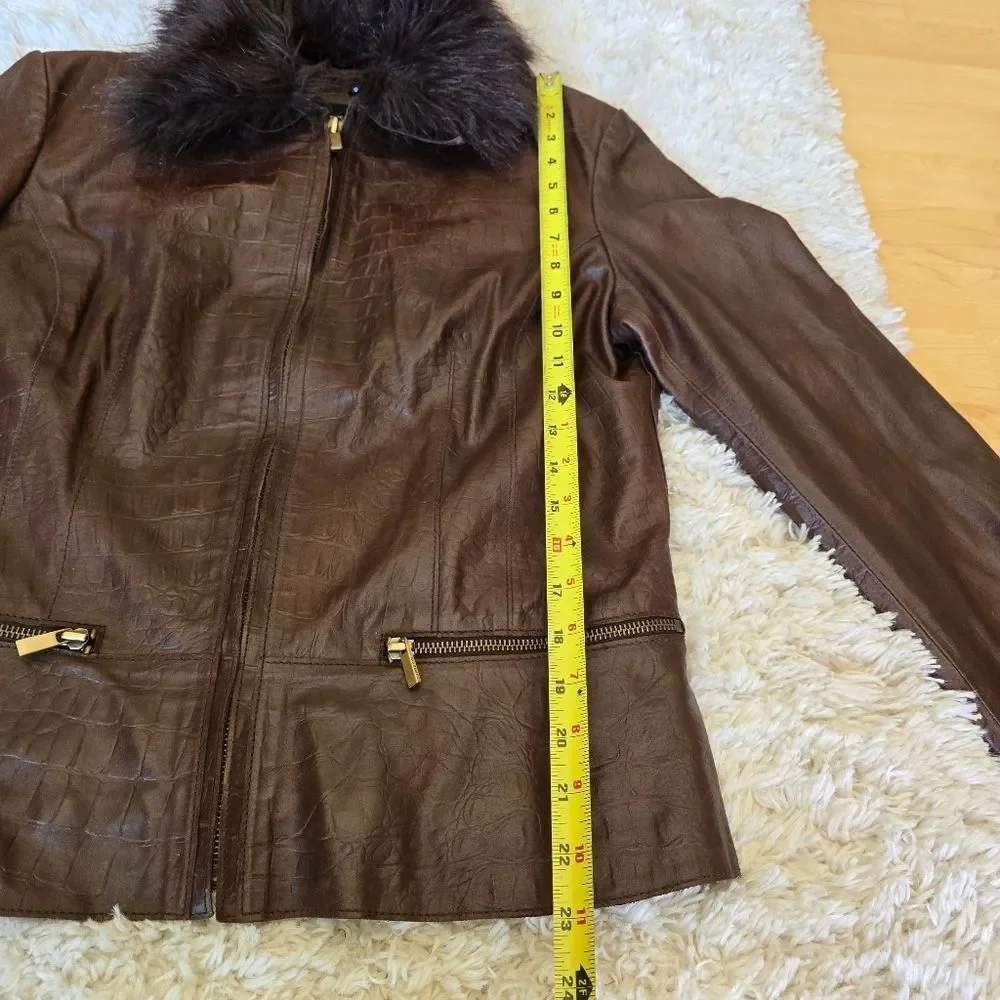 Express Genuine Leather Croc Embossed Brown Jacket Zip Size 14‎ Y2K 90s Western